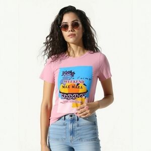 Weekend Max Mara Tee - Saint-Tropez Graphic Pink Cotton Coastal Top - Size S